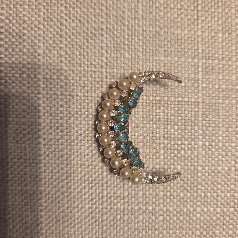 Pearl and Teal Crescent Brooch